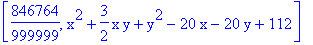 [846764/999999, x^2+3/2*x*y+y^2-20*x-20*y+112]